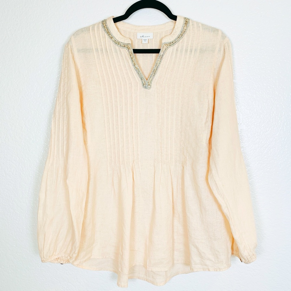 J. Jill Love Linen Top Womens Medium Peachy Pink Pintuck Silver Beaded Neckline